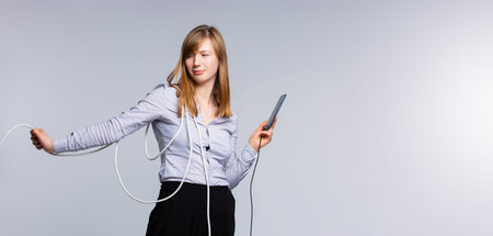 Banner- long format. Concept showing people dependence of smartphone, gadget, net. Real life, mobile...