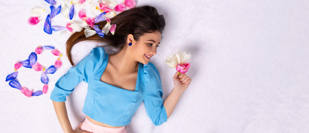 Banner. Elegant girl, international womens day, colorful eight number, 8 march from flowers petal,...