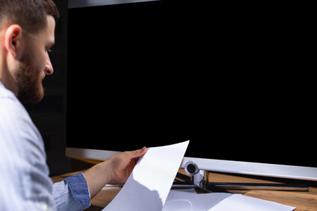 Cropped photo of a man with papers sitting in front of a black monitor. Black screen with space for...