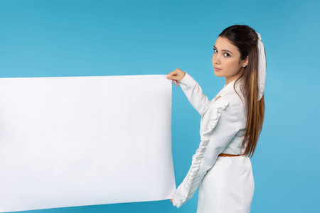 Smart business caucasian woman hold blank white paper for ads. Advertisement blank space for your...