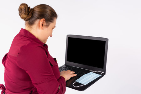 Woman, plus size silhouette is working office work remotely from home or workplace Using computer,...