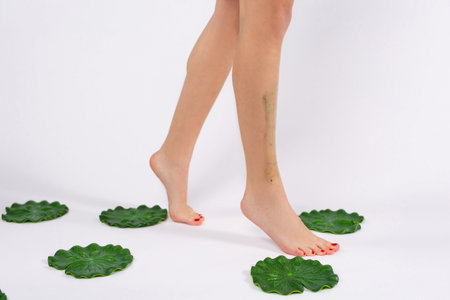 Cropped photo of slim young woman legs, scrabs her leg stepping among waterlily leaves or bright...