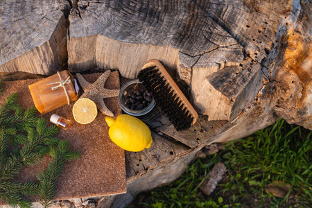 Zero waste home cleaning concept. Eco friendly natural cleaning tool set and products, bamboo brush,...
