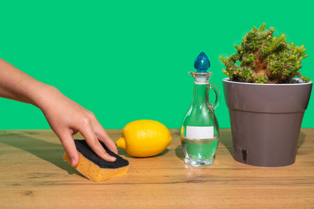A womans hand wipes a wooden table with a sponge and a natural non-toxic agent. Ecological home...
