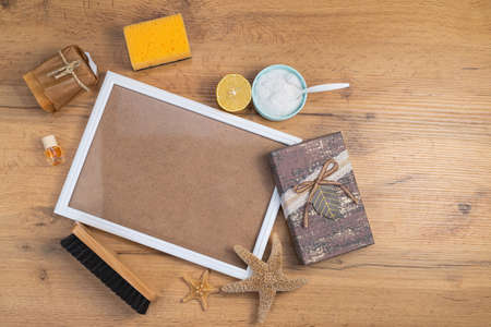 Household cleaning products from natural products. Minimum costs and no chemicals. Home remedies for all surfaces and window screens. Natural remedies on a wooden table. Photo from above.の写真素材
