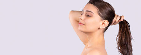 Banner, long format isolated gray background. Profile photo of brunette girl, young woman tied her long hair in a ponytail, plenty space for publicity and hairstyle infoの写真素材