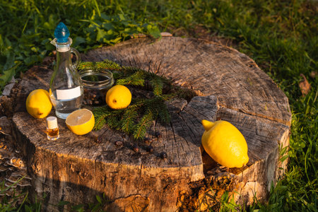 Essential lemon oil in bottle, vinegar in glass, fresh fruit slices on wooden background. Natural fragrancesの写真素材