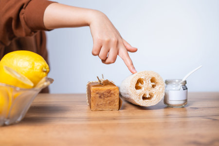 Ecological natural cleaning tools and products, zero waste cleaning concept. Plastic-free detergent...