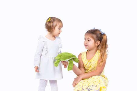 Two pretty blonde sisters posing in the beautiful dresses and two ponytails, elder sister holding in her hand a soft turtle toy and wants to give it to her younger sister.の写真素材