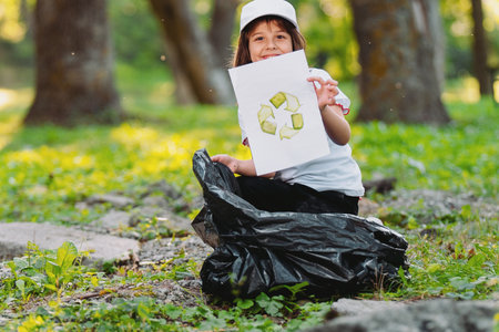 Close up photo of a happy girl volunteer gathering garbage into the big bag and showing a paper with a recycling sign.の写真素材