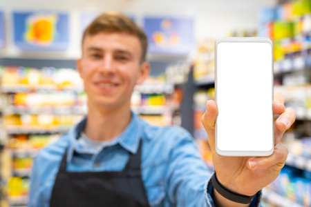 Blurred photo of a smiling man store worker wearing black apron and digital watch on his hand...