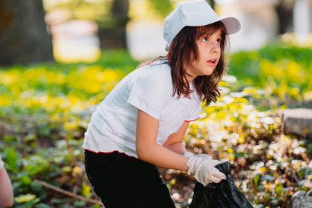 Single girl looking up and gathering garbage into the bag using protective gloves outdoors, environment concept.の写真素材