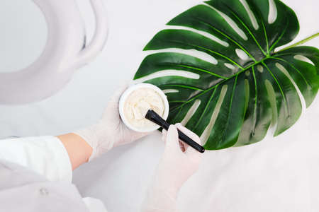 Cosmetologist makes face mask to cleanse and moisturize the skin of her patients using a brush over green leaf background.の写真素材