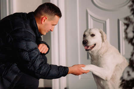 Side view photo of a mand in winter clothes holding his dog labrador paw outside and dog stuck out his tongue.の写真素材