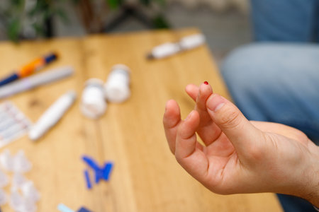 Man pierced finger for checking blood sugar level by glucose meter at home, healthcare and medical glycemia concept.の写真素材