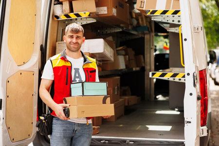 The happy courier in front of the work car has taken the packages and is ready to deliver themの写真素材