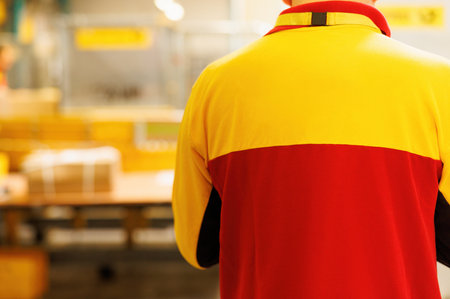 A man packing a package in a warehouseの写真素材