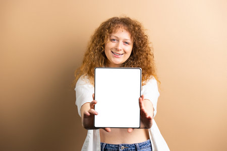 Beautiful woman model with curly hairstyle holding tablet in her hands forward with white screen over gold background.の写真素材
