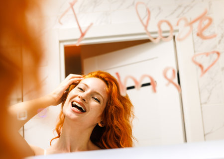 Young girl straightens her long hair, reflected in the mirror and smilling. On the mirror is written I love meの写真素材