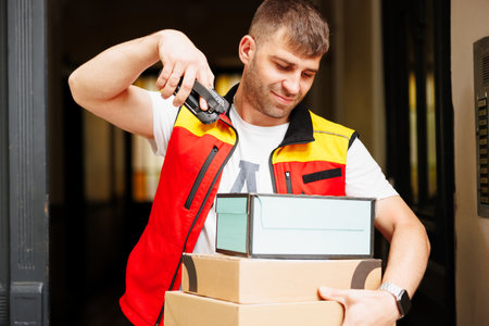 The man scans the boxes before delivering themの写真素材