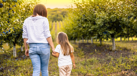Young mother on a walk in the spring garden with her little girl daughter blondeの写真素材