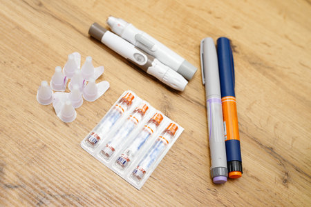 Care diabetic concept, items for blood glucose self-control to monitor levels being at home, diabetes concept.の写真素材