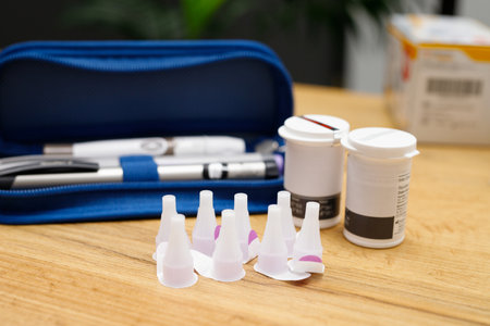Close up photo of items for diabetes problem for a human to control blood sugar level for himself, diabetes concept.の写真素材