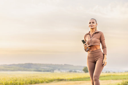 A beautiful girl dressed in a beige sports suit smiles widely and sits with the phone in her hand, the music playing in her headphones has started.の写真素材