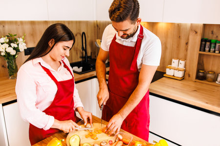 Young couples are happily choosing the ingredients or raw material before cooking dinner in the kitchen.Happy family concept.Healthy lifestyle.の写真素材
