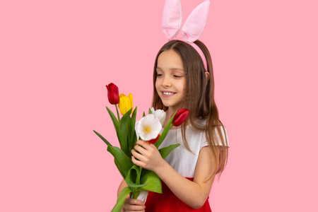 Adorable little blond girl smiling wearing dress and bunny ears on head posing with flowers holding in her hands on pink background.の写真素材