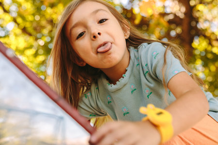 A beautiful blonde girl sticks her tongue out trying to climb a slide at a playground