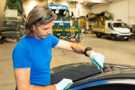 Automobile glaziers workers replacing windscreen or windshield of a car in auto service station garageの写真素材