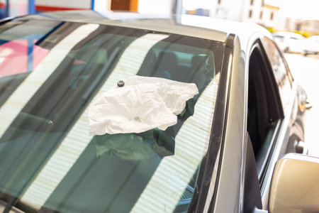 The cars windshield shines after it was changed and cleaned by the garage attendant.の写真素材