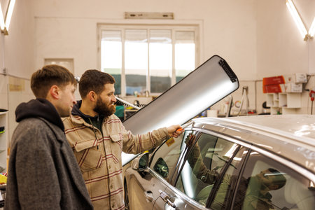 Two men sharing a conversation while gesturing at a car in a garage who have multiple damages at hailの写真素材