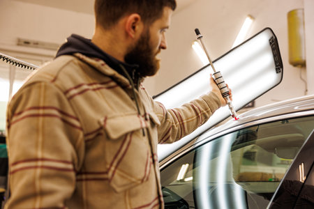 Man working on car in garage, automotive design and gestureの写真素材