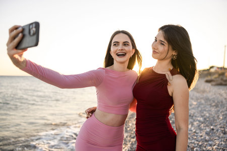 Two friends joyfully taking a selfie together at sunset by the beach during a vibrant eveningの写真素材