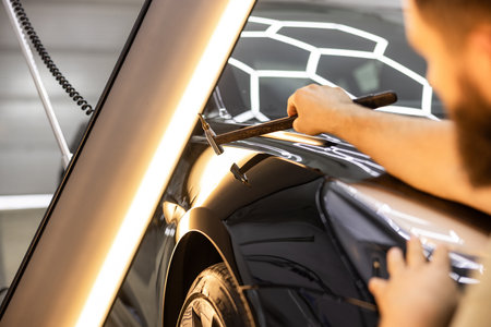 Specialist Repairing Hail Damage in Garageの写真素材