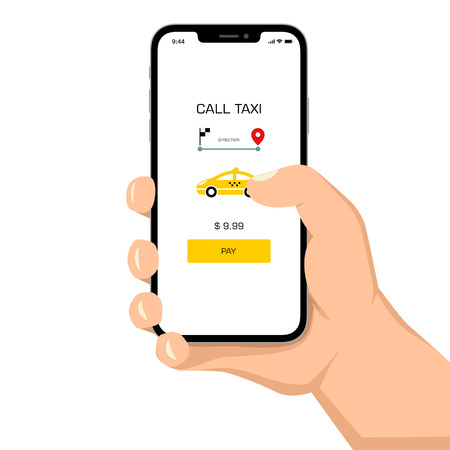 Brutal human hand holding smartphone with taxi application ui flat style illustration.のイラスト素材