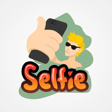 Young man taking selfie with smartphone simple flat style vector illustration.のイラスト素材
