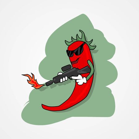 Hot spicy red pepper with fire gun simple flat style vector illustration.のイラスト素材