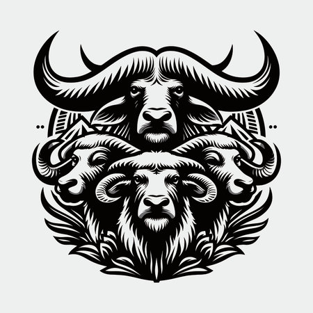 Buffalo head with grunge vintage monochrome emblem. Vector illustrationのイラスト素材