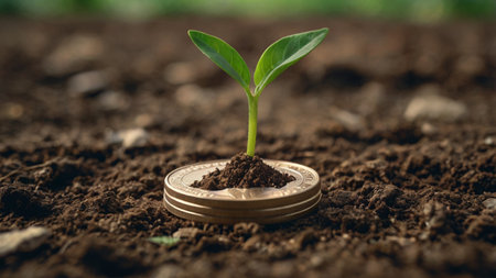 Green seedling growing from coin on dark soil background. Business growth conceptの写真素材