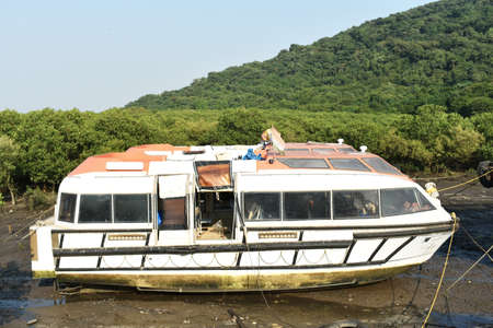 A abdomen big yellow boat standing in the mud near a islandの写真素材