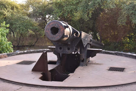 Back side of a old cannon kept outside in a open area near Mumbaiの写真素材