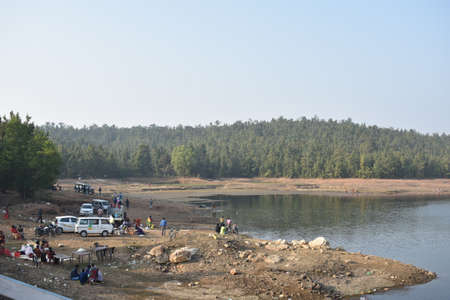 a picnic place near a lake just beside a islandの写真素材