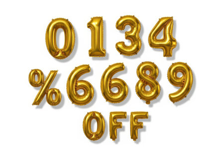 The image features a collection of golden balloons arranged to display a discount percentage. The balloons spell out '0134%6689 OFF'. The balloons are floating against a plain white background, creating a visually appealing contrast. This type of arrangement is commonly used for promotional or celebratory purposes, highlighting a significant discount offer.の素材