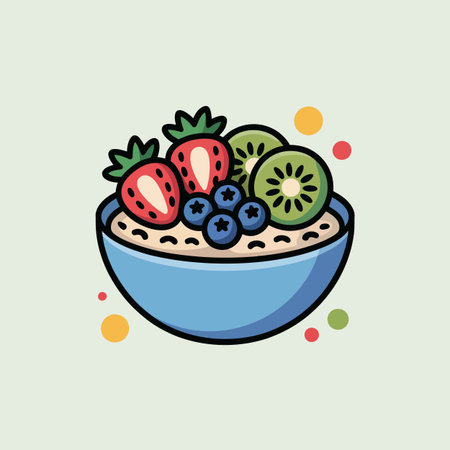 A vector illustration depicts a blue bowl filled with oatmeal topped with sliced kiwi, strawberries, and blueberries. The style is simple and cartoonish with bold outlines and flat colors. The background is a light teal with small colorful dots. The overall mood is cheerful and suggests a healthy and delicious breakfast. The image is suitable for use in food blogs, recipe websites, or packaging for breakfast cereals.のイラスト素材