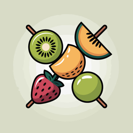 An illustration depicts a fruit skewer featuring a kiwi slice, cantaloupe wedge, honeydew melon segment, strawberry, and a green apple. The style is cartoonish and flat, with bold outlines and solid colors. The background is a muted light green. The fruits are arranged in a visually appealing manner, creating a sense of freshness and vibrancy. The overall mood is cheerful and appetizing.のイラスト素材