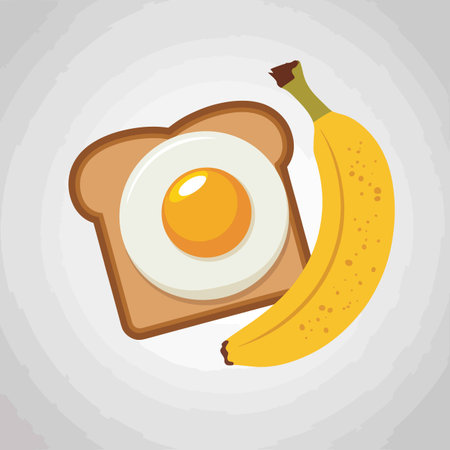 A simple illustration depicts a fried egg nestled on a slice of light brown toast alongside a ripe yellow banana. The style is flat and minimalist, with solid colors and clean lines. The egg yolk is a vibrant yellow, contrasting with the white of the egg and the light brown of the toast. The banana is a bright yellow with subtle shading to suggest texture. The background is a light gray with a subtle circular pattern. The overall mood is cheerful and suggests a simple, healthy breakfast.のイラスト素材
