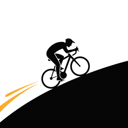 A minimalist graphic depicts a black silhouette of a cyclist riding a road bike downhill. The cyclist is positioned in a dynamic pose suggesting speed and movement.  The background is a simple black and white composition with a curved black hill and two orange motion lines suggesting speed. The style is clean and graphic, suitable for various applications. The image is primarily black and white, with the exception of the orange motion lines.のイラスト素材